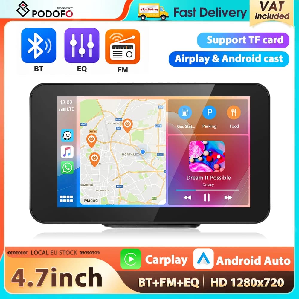 Podofo 4.7'' Car Monitor Carplay Android Auto GPS BT Multimedia Video Player Android Cast Airplay FM EQ Sound Smart Screen Player