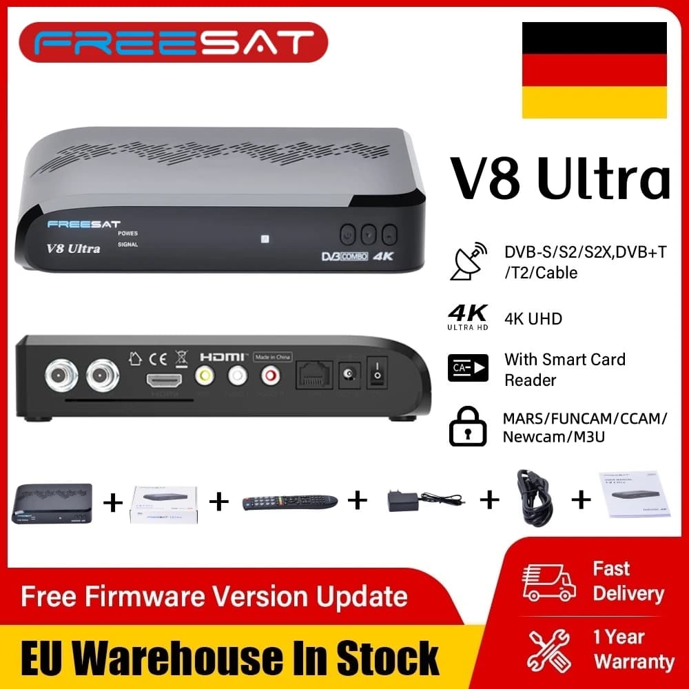 V8 Ultra 4K TV Box DVB-S/S2/S2X,DVB-T2/T+C,FUNCAM/MARS/CCAM/M3U Satellite Receiver With CA Card Reader Stock In German Warehouse