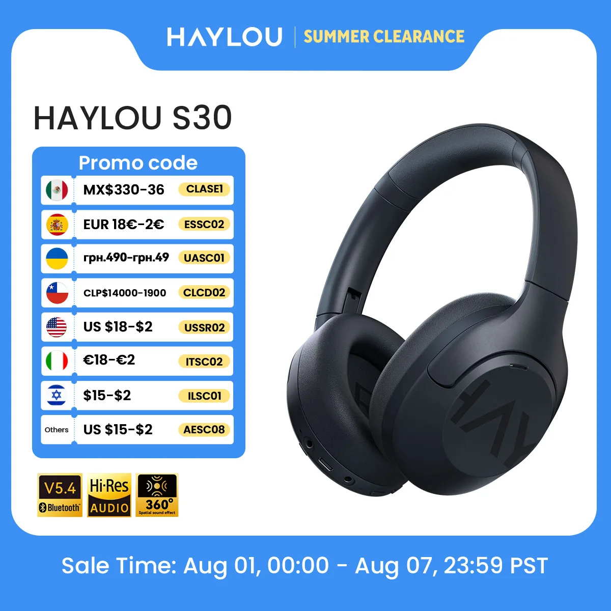 HAYLOU S30 Wireless Bluetooth 5.4 Headphones 43dB Adaptive Noise Cancelling Headsets 40mm Driver 80H Playtime Earphones