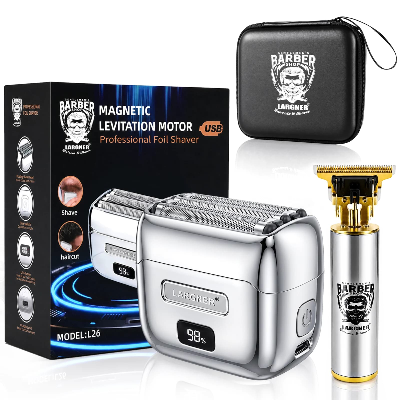 LARGNER L26 2-in-1 Magnetic Levitation Motor Professional Foil Shaver & T-Blade Trimmer Set
