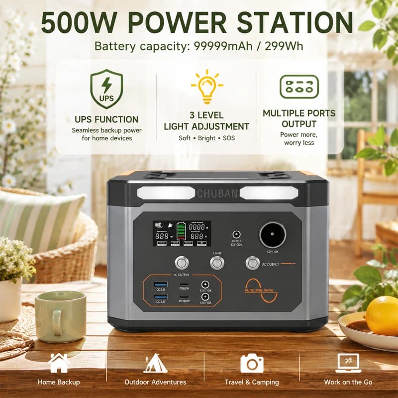 500W Portable Solar Power Station 99999mAh Battery Pack Pure Sine Wave AC Output Multifunctional Outdoor Power Generator for Camping Hiking Home Emergency & Off-Grid Living