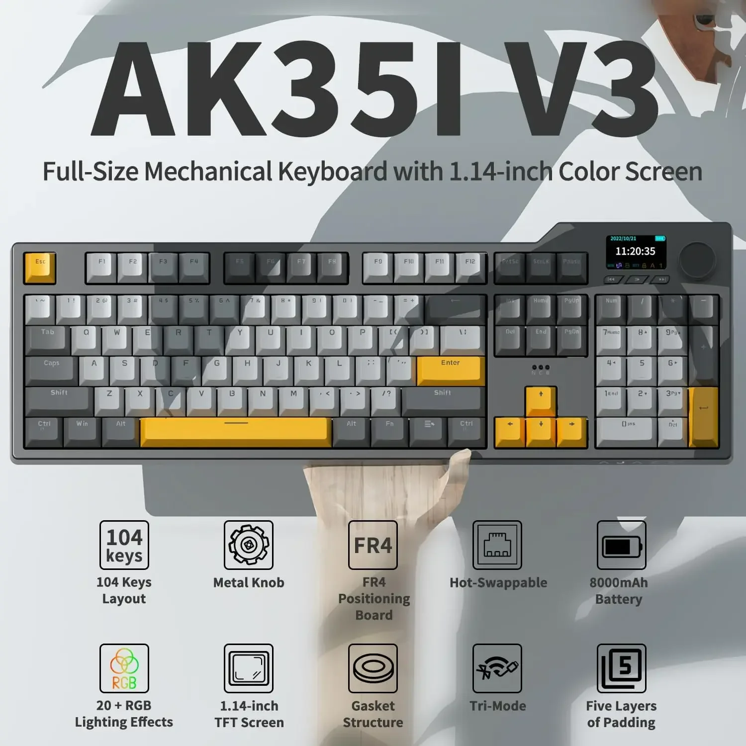 AJZZ AK35I V3 MAX Gaming Mechanical Keyboard with Screen, Bluetooth Wireless 2.4G Wired, RGB Hot-swappable, 104 Keys