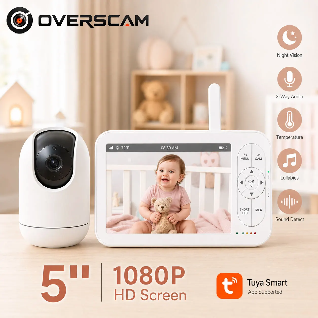 5 Inch HD Baby Monitor Camera Set Large Screen Tuya Smart App Remote Viewing Two Way Audio Infrared Night Vision Room Temperature Monitor Wireless Baby Monitor For Nursery Bedroom Family Safety