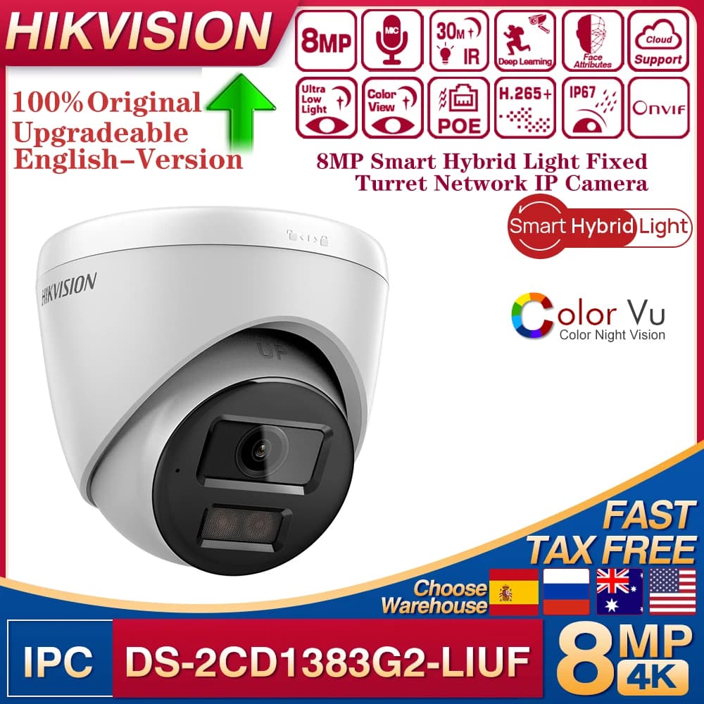 Hikvision 8MP ColorVu Smart Hybrid Light IP Camera DS-2CD1383G2-LIUF Dual-Light White Light Built-in Mic Turret Network Camera