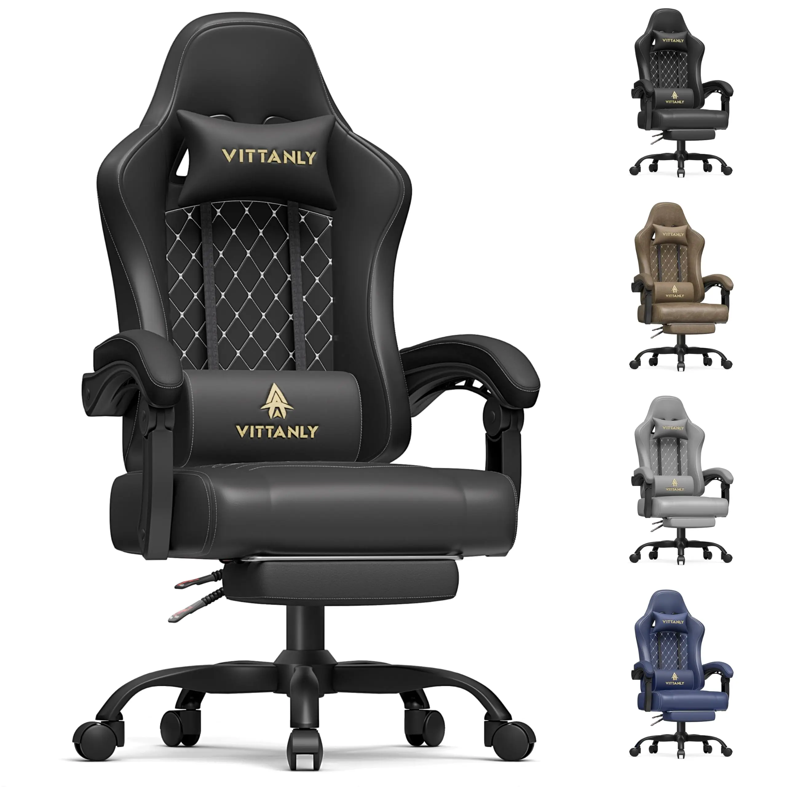 Vittanly Gaming Chair Ergonomic Gaming Chair with Headrest, Lumbar Cushion and Footrest, Height-Adjustable Rotating Office Chair