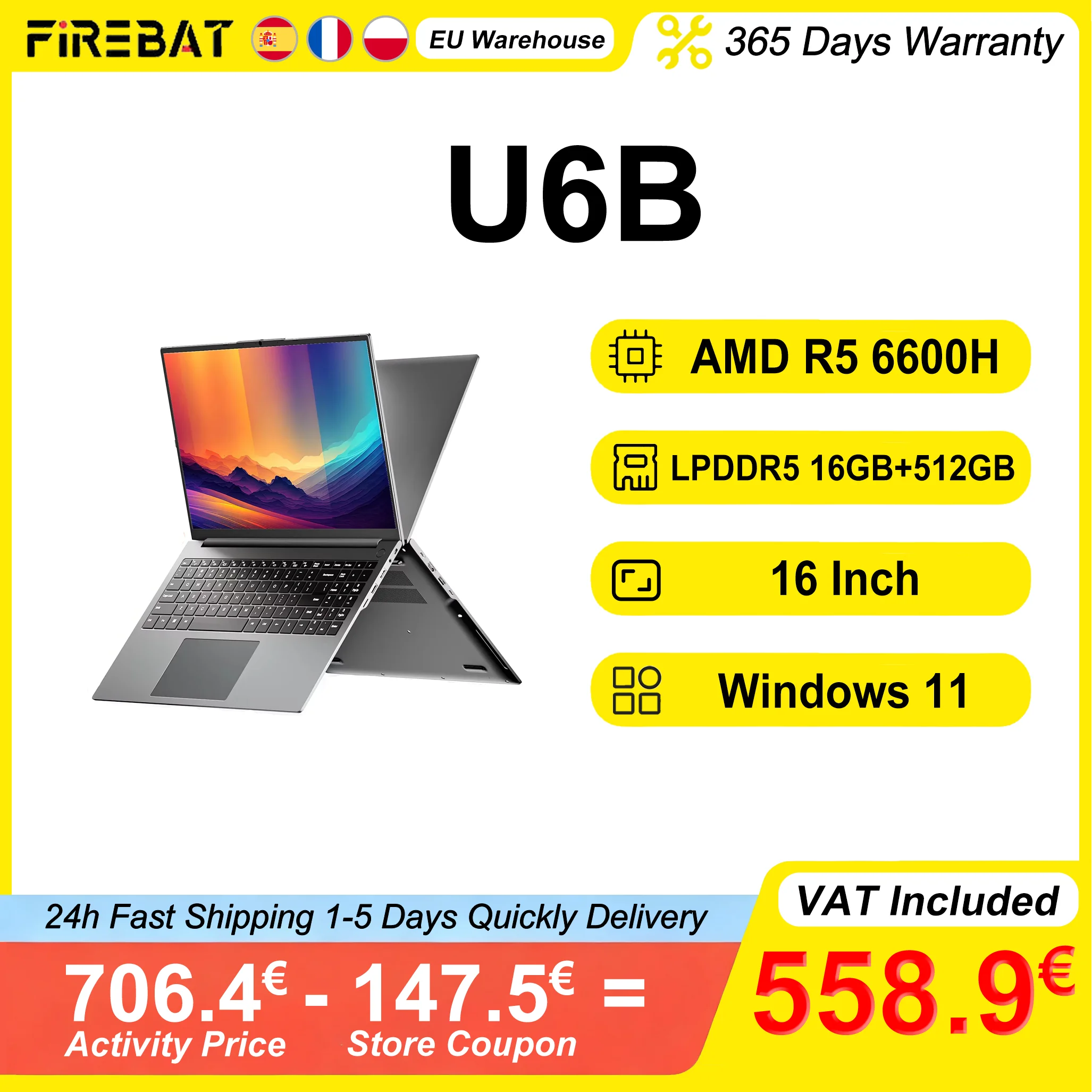 Firebat U6B Laptop AMD R5 6600H LPDDR5 6400MHz 16GB RAM 512GB SSD 16 Inch 2.5K 120hz IPS Windows 11 Notebook Type-C WIFI6 100% sRGB Full-size Keyboard 6 Cores 12 Threads