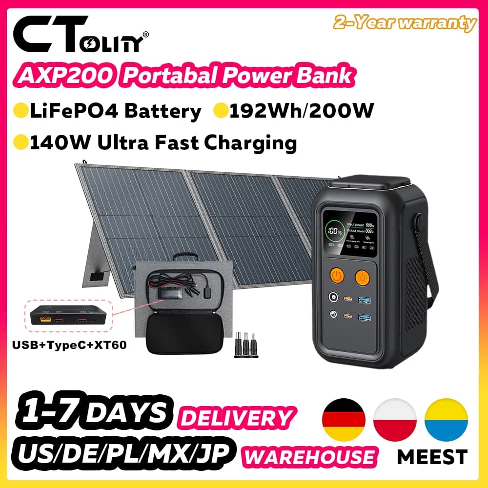 CTOLITY 192Wh 200W Portable Power Station 60000mAh Lifepo4 Battery for Outdoor Home Emergency Power Optional SP100 Solar Panel