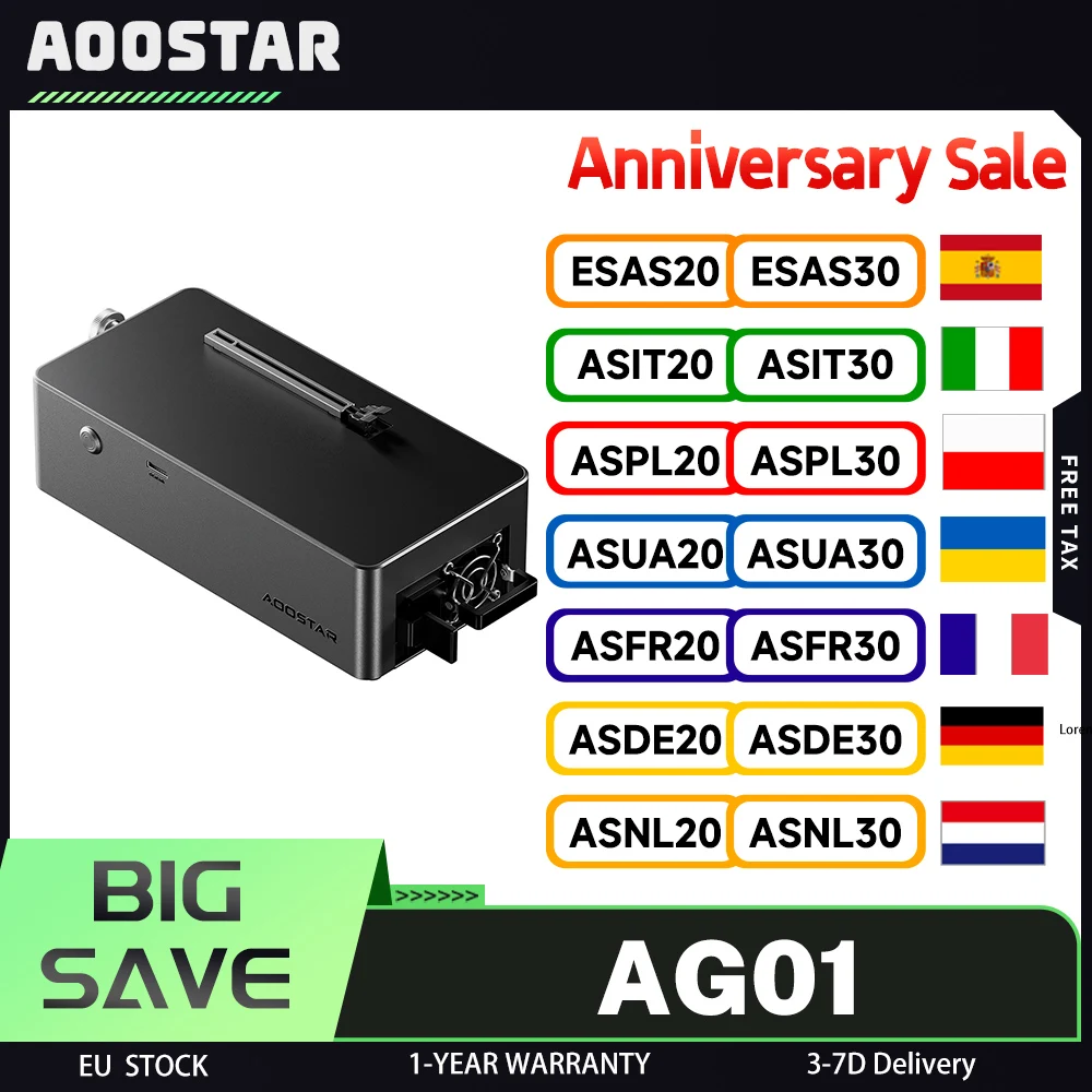 AOOSTAR AG01 eGPU Dock with Oculink Port, Built-in 800W Power Supply, Supports TGX Interface Hot-swap, Wide Compatibility - EU