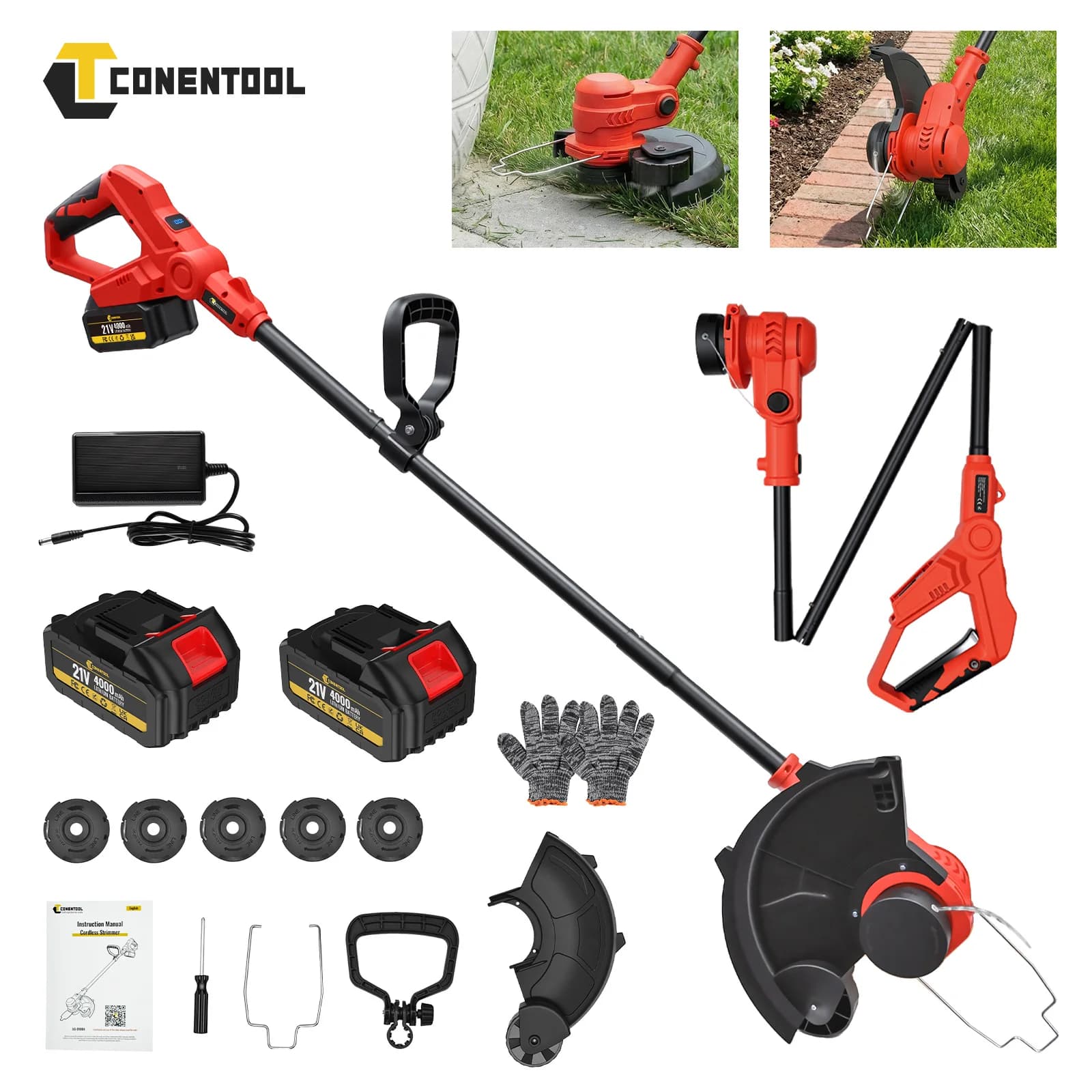CONENTOOL Electric Lawn Mower 21V Cordless Grass Trimmer 12 Inch 2000W with Blade Free Cutting Head 90° Adjustable Head