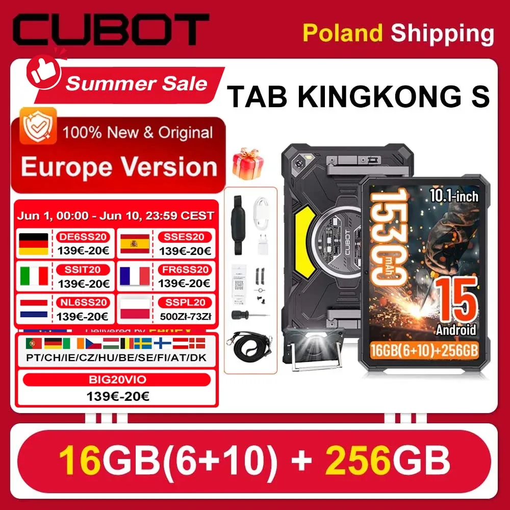 [Shipping from Poland] Cubot Tab Kingkong S Camping Light 15300Mah 16Gb(6+10) 256Gb 10.1'' 90Hz Android 15 Tablet 48Mp Pad