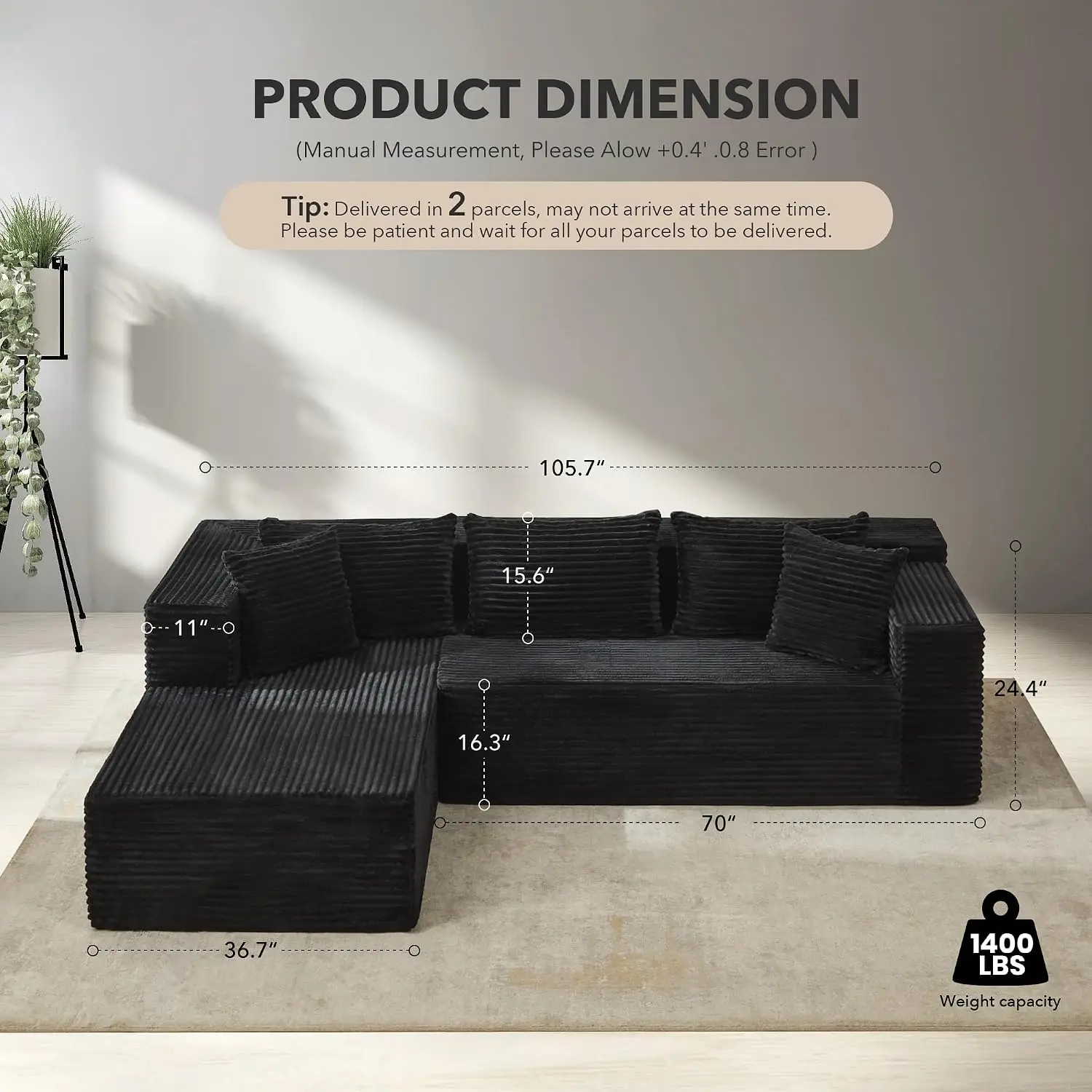 Garvee Cloud Modular Corner Sofa 270cm Wide L-Shaped Sectional Deep Seat Couch No Assembly Required Black Living Room Furniture