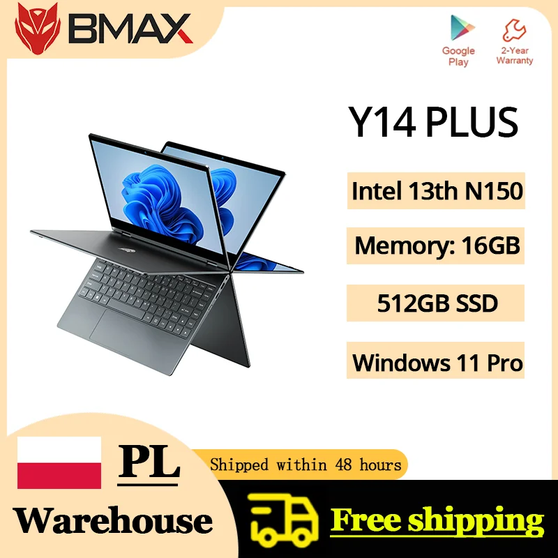 BMAX Y14 Plus Laptop 14 Inch Touch Screen 16GB RAM 512GB SSD Intel N150 1920*1080 IPS 360°Convertible Notebook Windows 11