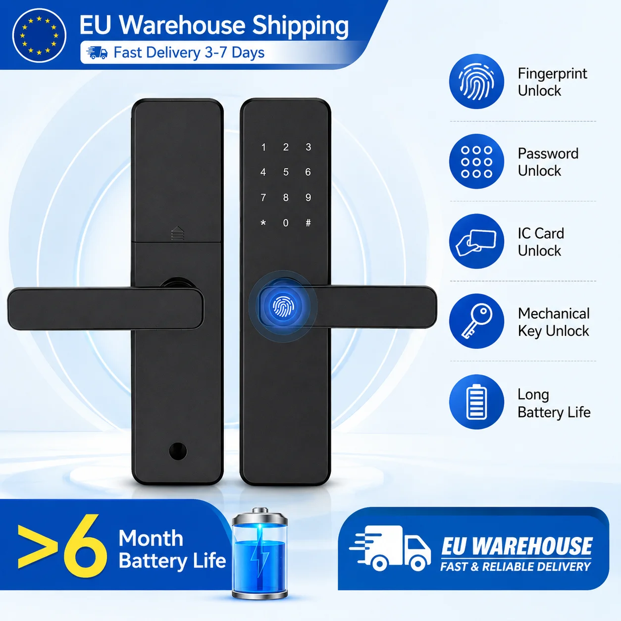 Smart Fingerprint Door Lock with Handle, Keyless Entry by Fingerprint, PIN, RFID Card and Mechanical Key, Reversible Left Right Design, Long Battery Life, EU Warehouse