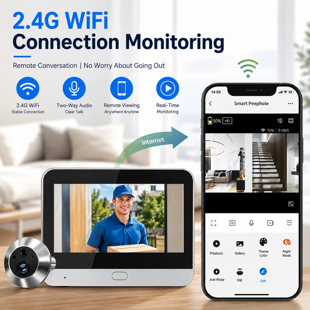 4.3 Inch 5MP WiFi Peephole Doorbell Camera Smart Video Door Viewer with Indoor Monitor Night Vision Tuya App Remote View Visitor Monitoring for Apartment Door Home Security Family Safety Digital Peephole Camera Front Door Monitor System