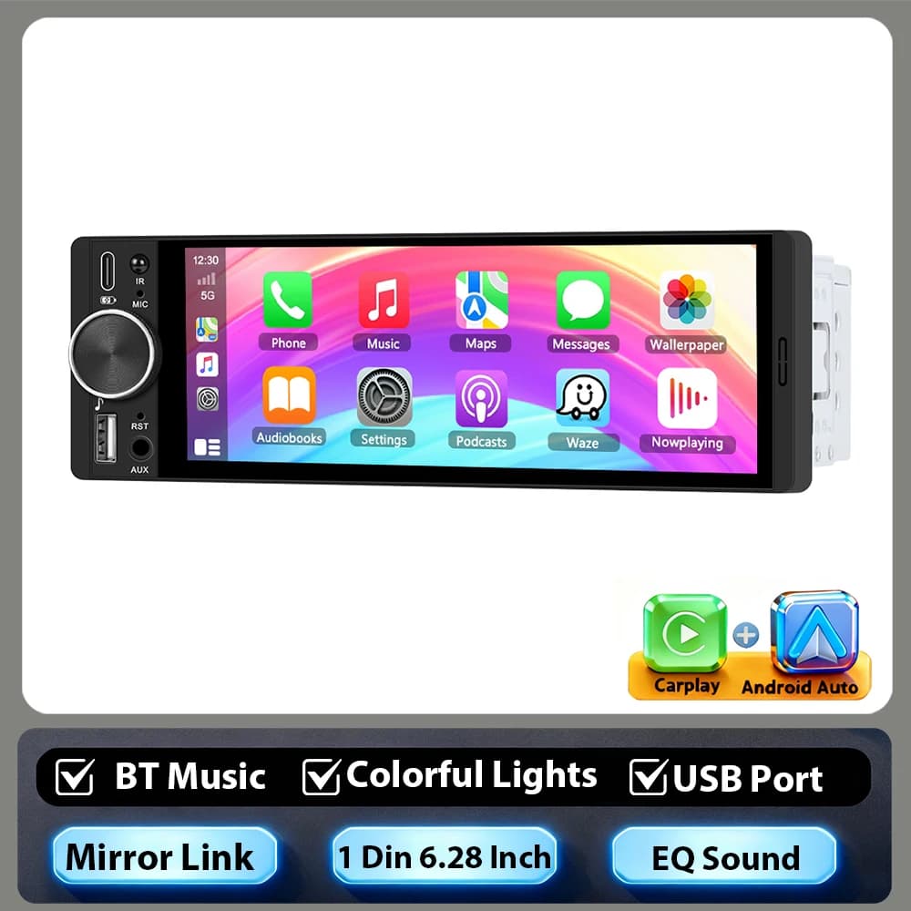 Podofo 1DIN 6.28" Universal Car MP5 Player Built-in Wireless CarPlay Android Auto Support Mirrorlink BT FM Rear View Camera