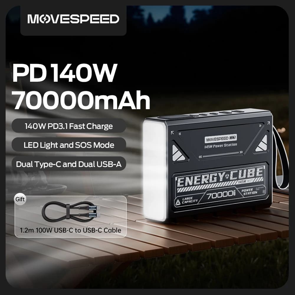 MOVESPEED Z70Pro Power Bank 70000mAh 140W PD Fast Charge External Battery Power Station W/ Flashlight for Laptop Outdoor Camping