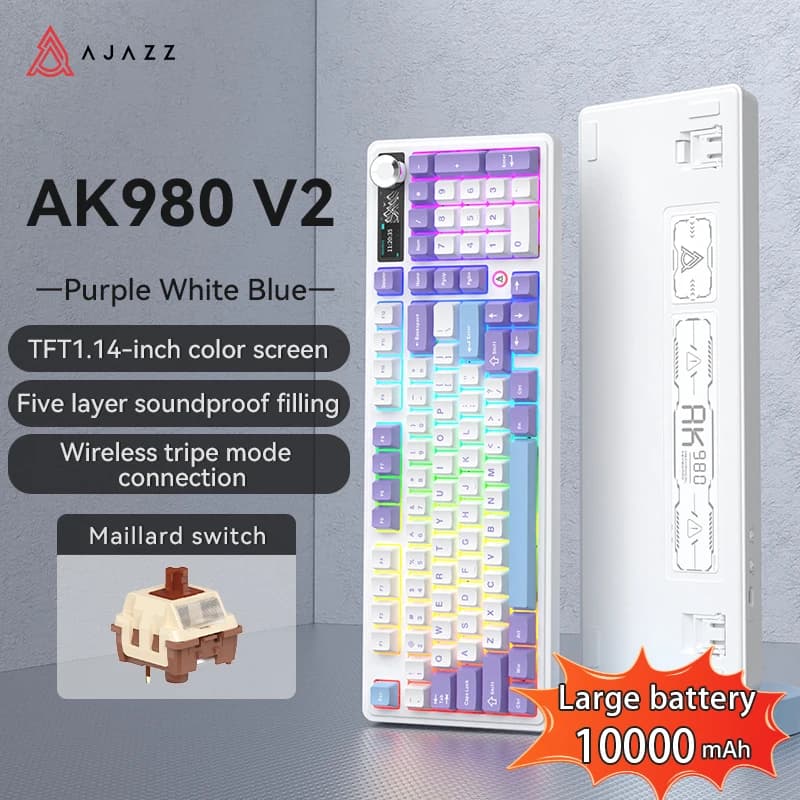 AJAZZ AK980 V2/PRO Three-Mode Wireless Mechanical Keyboard, Hot Swappable Gasket Mount, RGB Backlight, Low-Noise Typing Experience, Ergonomic Keyboard for Office & Gaming