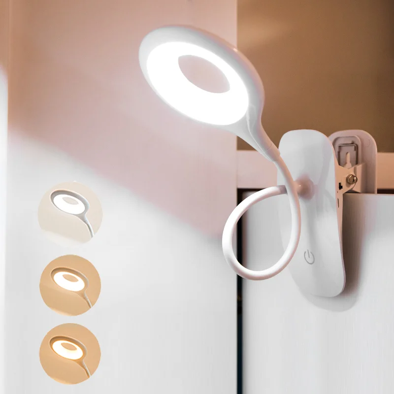 Bed Clamp Lamp bedside table with Clip Touch Control Eye Protection USB Rechargeable Battery 3 Modes White