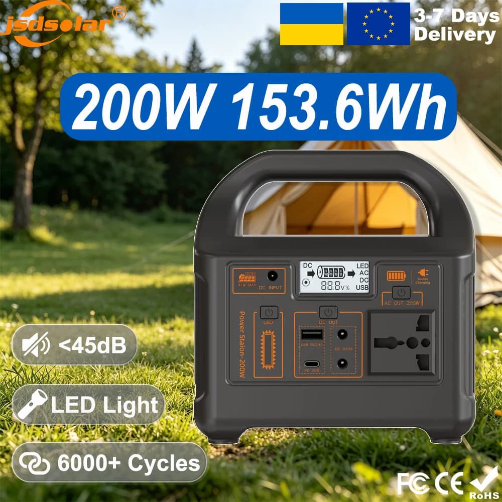 jsdsolar Lifepo4 Battery 12.8V Power Station 200W Solar Lithium Battery Rechargeable 153.6Wh BMS 3000+ Cycles Portable Generator for Emergency Household Support Solar Panel Outdoor Camping 220V EU Warehouse