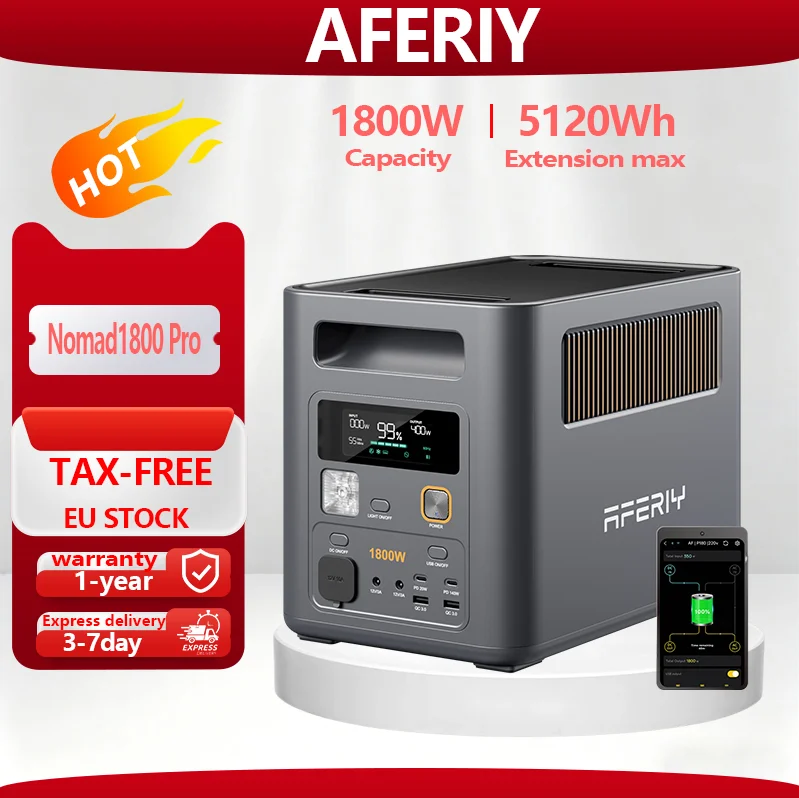 AFERIY NOMAD1800 PRO PORTABLE POWER STATION 1800W 3600W PEAK 1024WH LIFEP04 SOLAR GENERATOR EXPANDABLE TO 5120WH EMERGENCY POWER SUPPLY