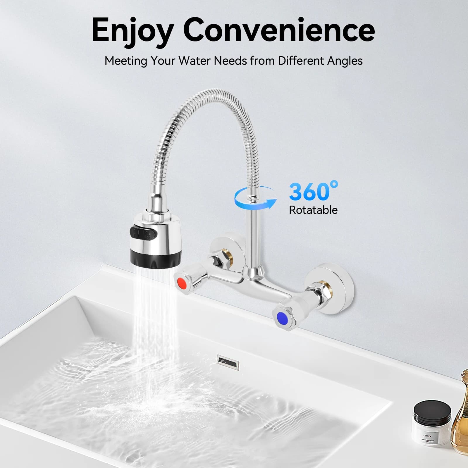 Wall Mounted Faucet 360° Rotating Hot and Cold Water Mixer Kitchen Sink Faucet 2 Spray Modes G 1/2" Interface