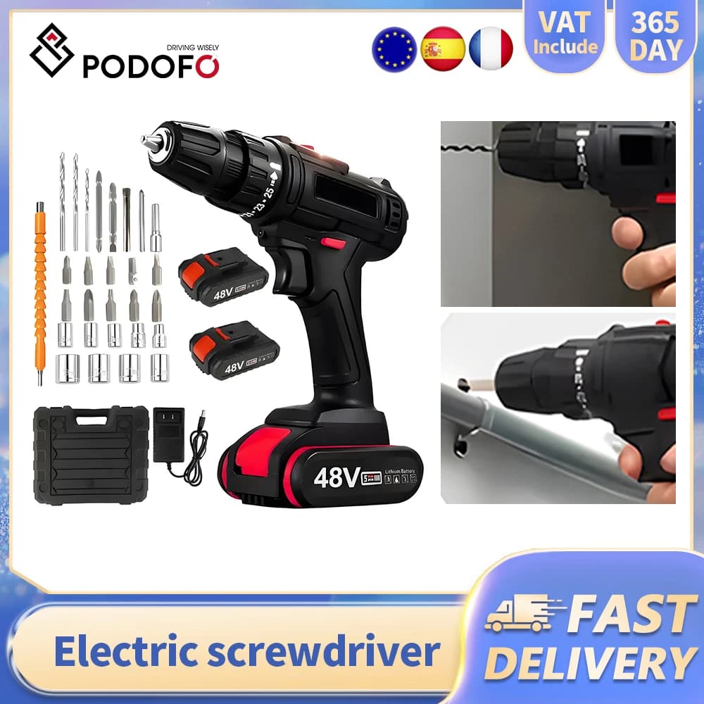 Podofo 21V Cordless Impact Drill Electric Screwdriver 30 N.M with 2 Batteries 2 Speeds Brushed Electric Hammer Drill Power Tool