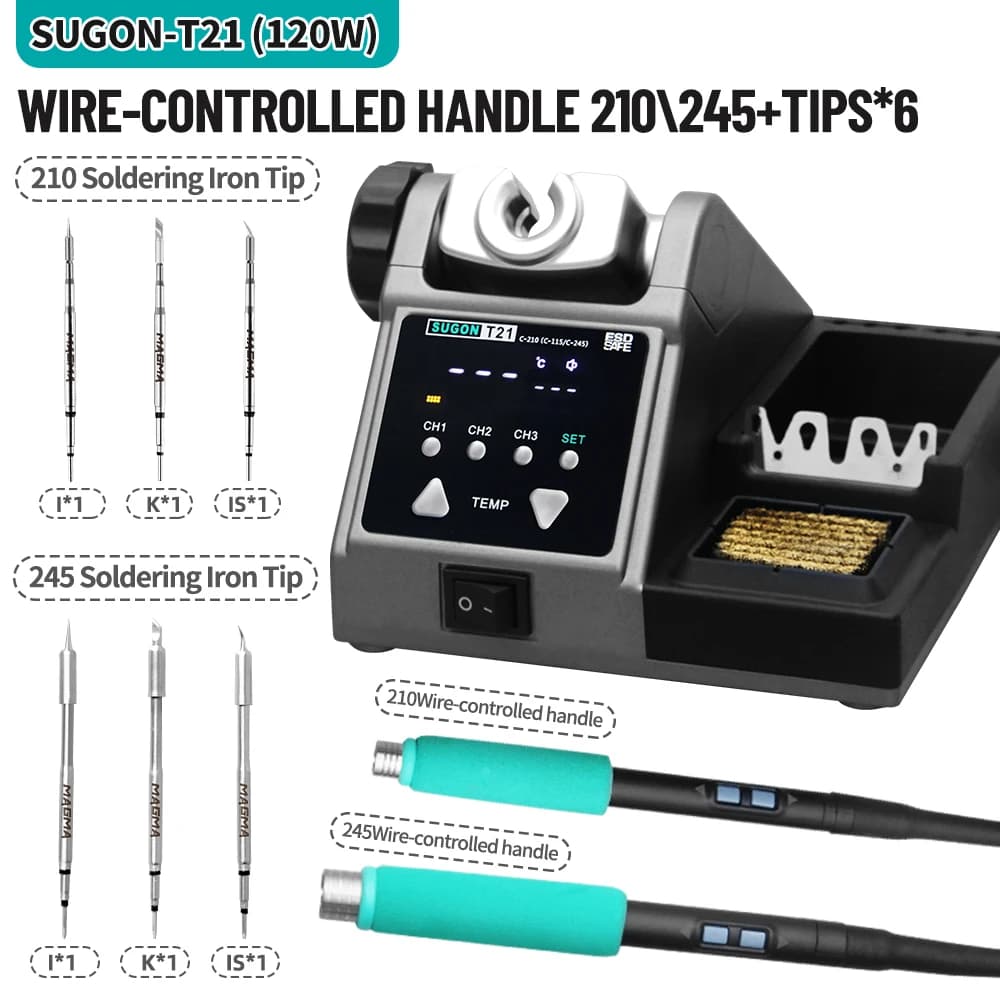 SUGON T21 120W Soldering Station 1.6m Wire-Controlled Handle Electronics Soldering Iron Tip 115/210/245 Rework Station BGA Tools