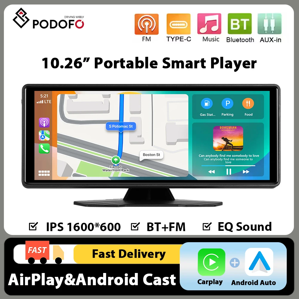 Podofo 10.26" HD Large Screen Smart Screen Player Support Wireless CarPlay Android Auto CVBS Camera BT EQ Portable Smart Player