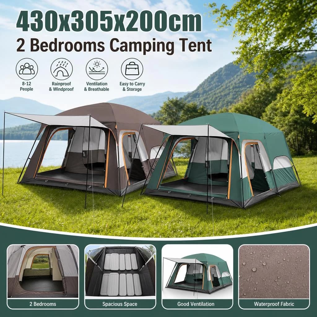 8-12 Person 2 Bedrooms Outdoor Camping Team Cabin Tent Double Layers Oversize Thickened Rainproof For Company Family Camp Tour Equipment