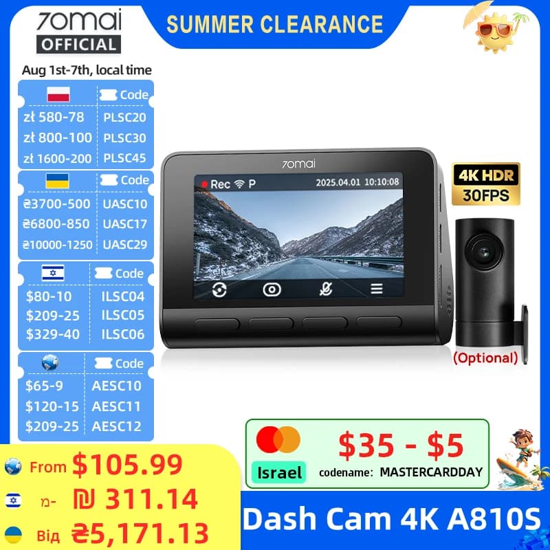 70mai Dash Cam 4K A810S HDR IMX678 Supercapacitor 4G LTE Remote Control Wi-Fi 6 Voice Control GPS ADAS Car Camera 70mai A810S