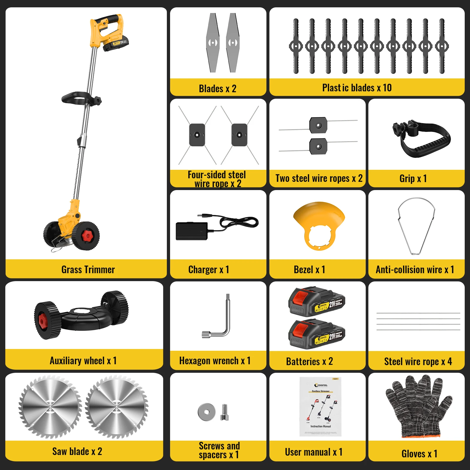 CONENTOOL 21V Cordless Lawn Trimmer Multifunctional Electric Grass Cutter with Wheel Weed Wacker Brush Cutter Garden Tool for Makita 18V Battery Pin
