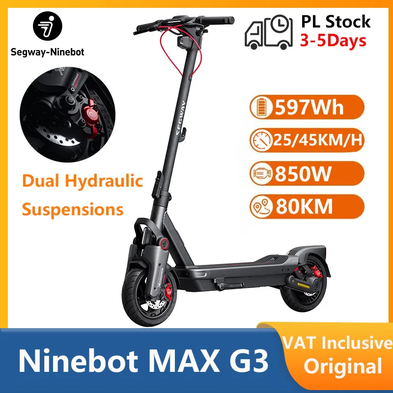 EU Stock Ninebot By Segway Max G3 Electric Scooter 850W Motor 25KM/H Unlock to 45KM/H Speed 80KM Range Original G3 Dual Hydraulic Suspension & Disc Brakes Kickscooter