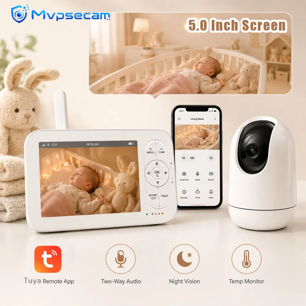 Wireless Baby Monitor 5 Inch LCD Screen with WiFi Camera App and Display Dual Control Two Way Audio IR Night Vision Temperature Monitoring Mobile Phone Remote View Smart Nursery Camera for Baby Sleep Infant Room Home Travel and Family Care
