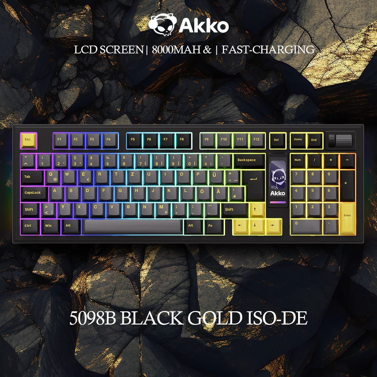 Akko 5098B Black Gold Wireless Mechanical Gaming Keyboard With TFT Screen Vertical Knob 96 Keys Hot-Swappable RGB Backlit Gasket