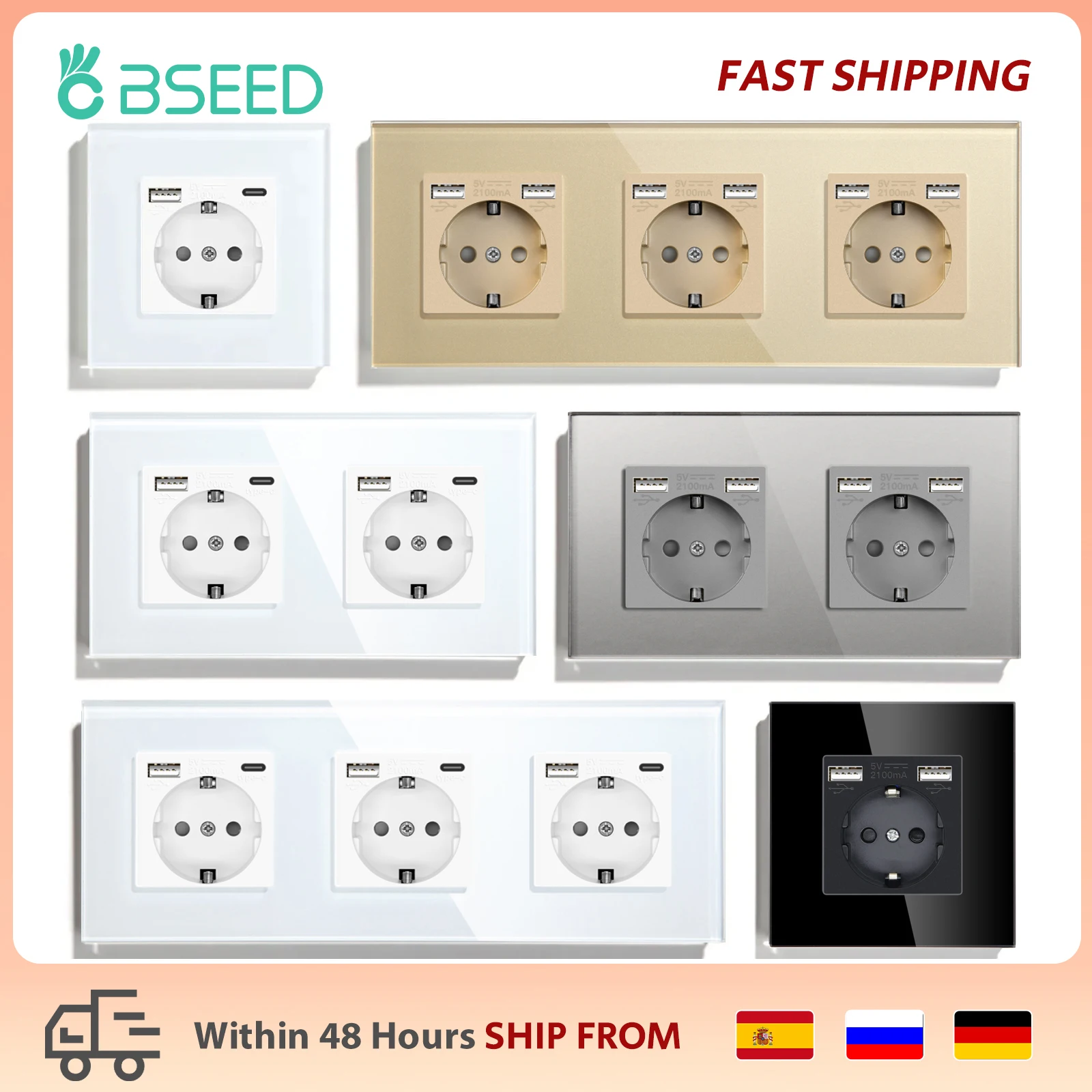 BSEED Type-C Interface Outlet Wall EU Standard Sockets With USB Charge Port Wall Power Socket With USB For Home Glass Panel 2.1A