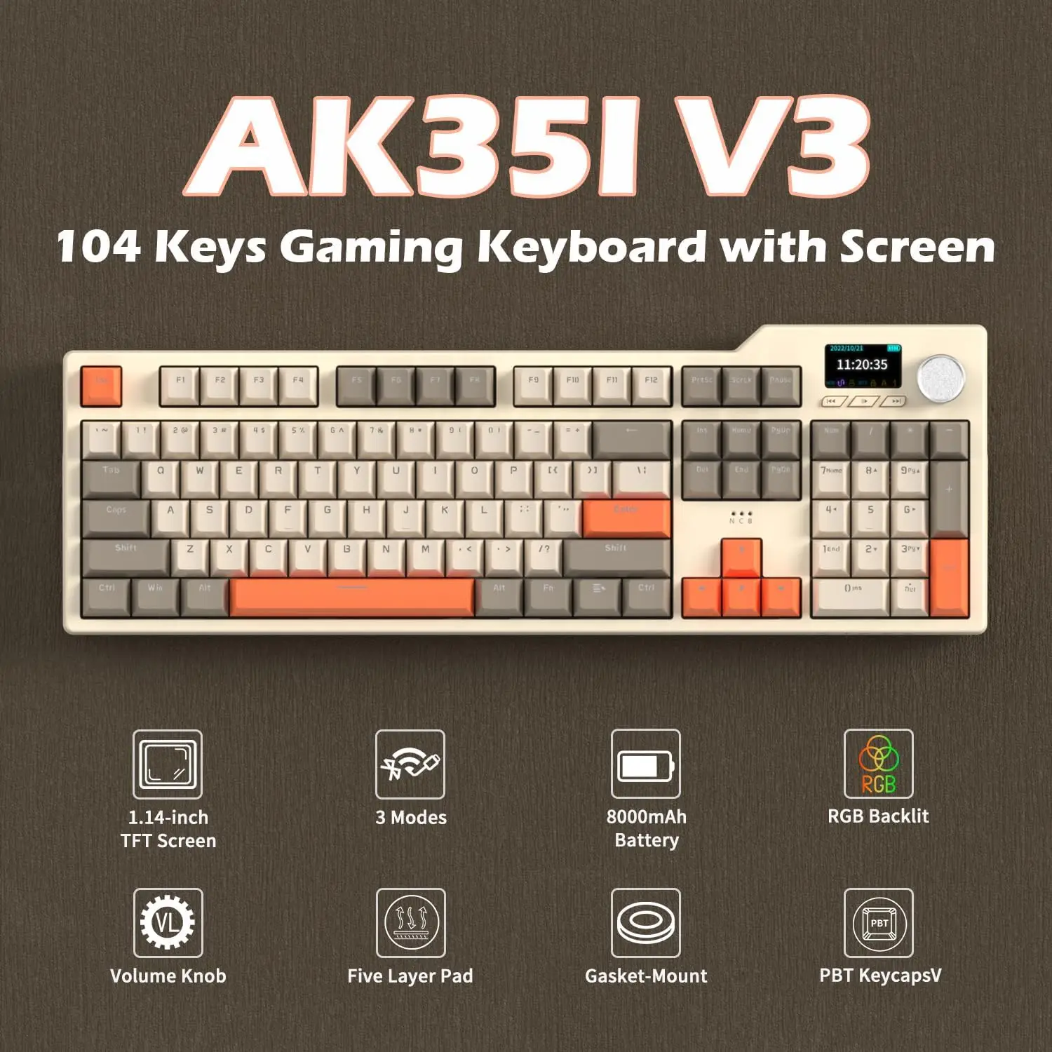 AJAZZ AK35I V3 Full Size Hot Swap Mechanical Gaming Keyboard with Screen & Knob,Three-mode connection FR4 Plate 8000mAh,LED RGB