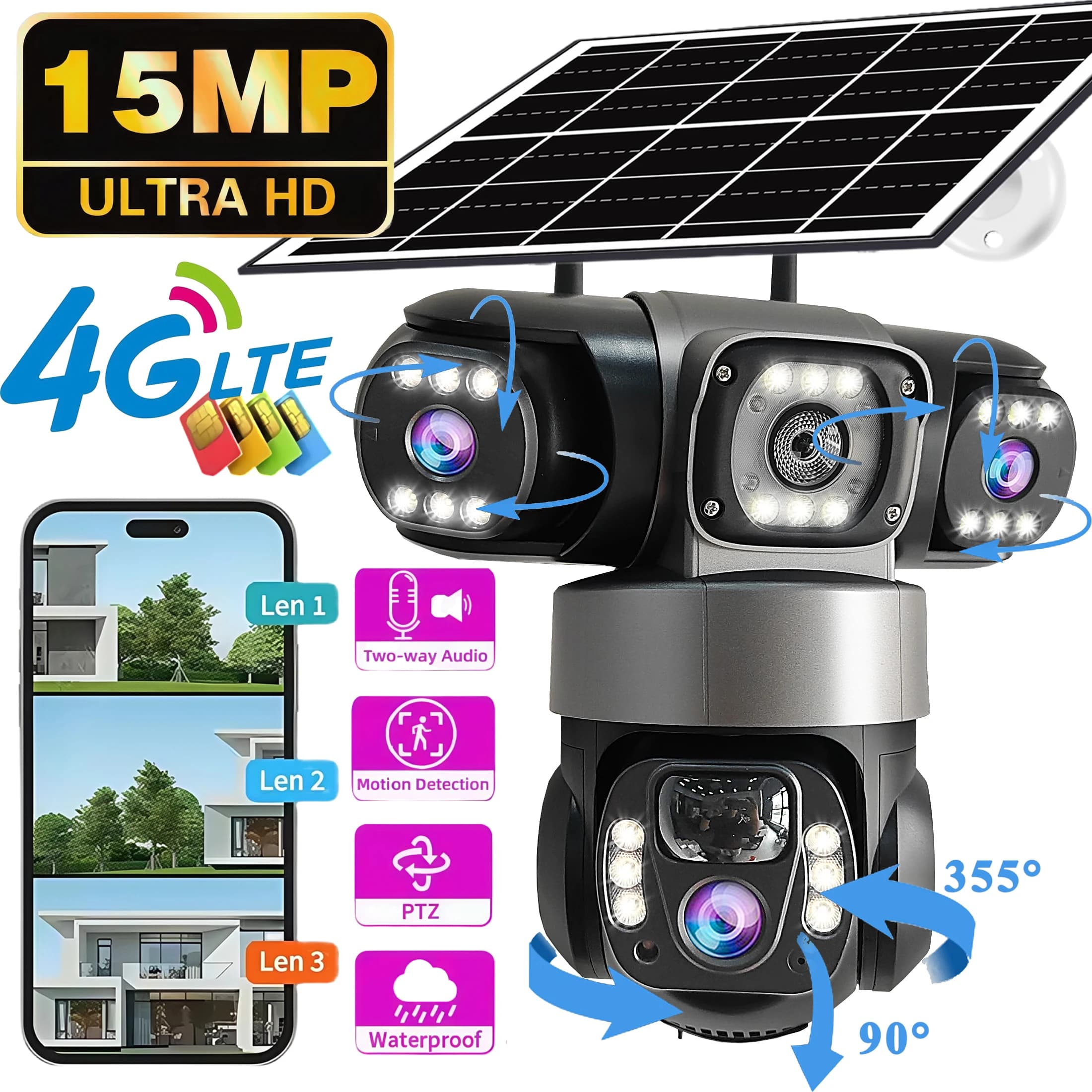 V380 Pro Solar Outdoor Security Camera Triple Lens PTZ Humanoid Detection Two-Way Audio 4G SIM Camera Night Vision Security Camera Automatic Tracking, Alarm And Color Night Vision, IP66 Waterproof Camera, Rechargeable Battery Powered 4G Surveillance Cam