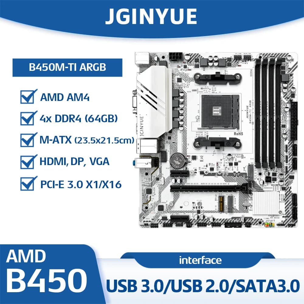 JGINYUE B450M TI ARGB Motherboard M-ATX, AM4 Ryzen 1000-5000, 4xDDR4 Slots Max 64G 2133-3600MHz, 4xSATA3.0 6Gbps,