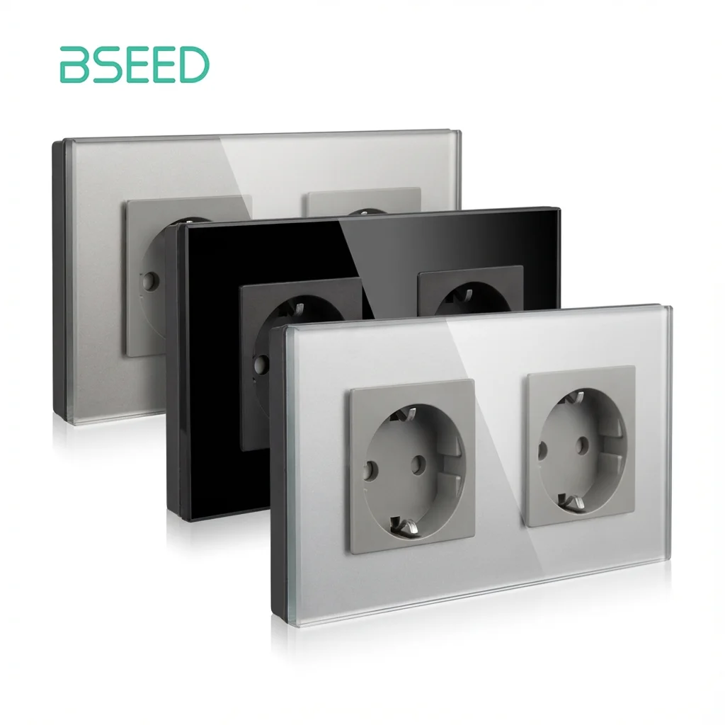BSEED Wall Sockets Glass Frame Double Sockets 16A EU Standard 110V - 240V Electrical Outlet Wall Mounted Sockets