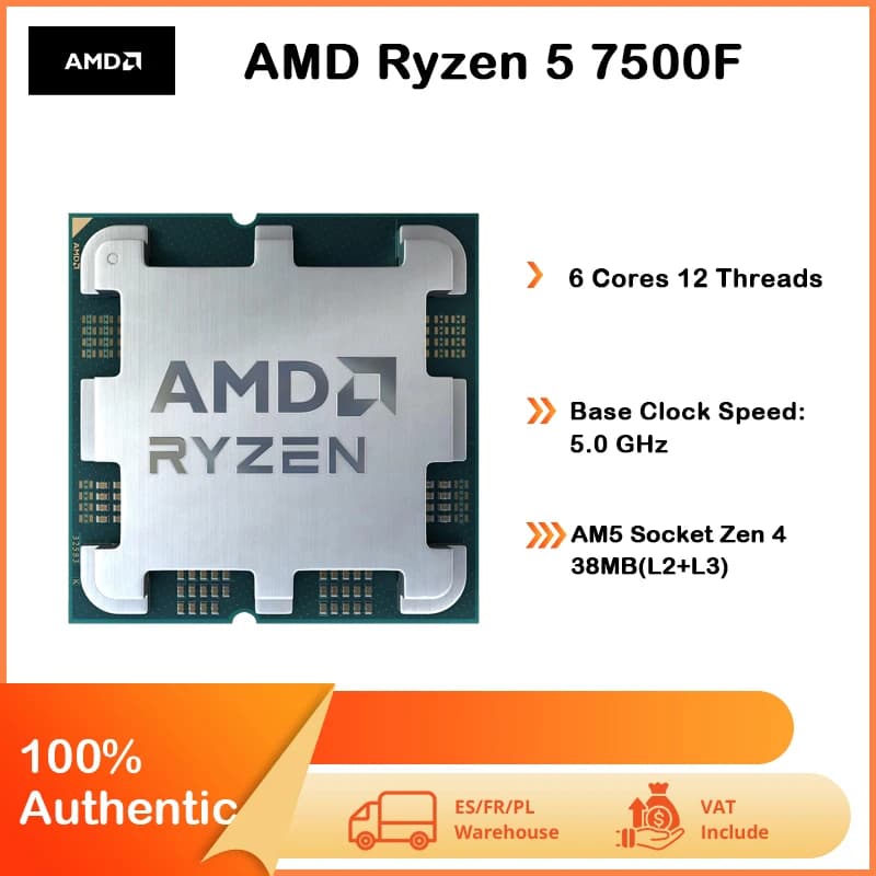 AMD Ryzen 5 7500F 5.0GHz 6 Cores 12 Threads 32MB Game Cache 65W R5 7500F Socket AM5 DDR5 5200MHz 5NM Fan Free