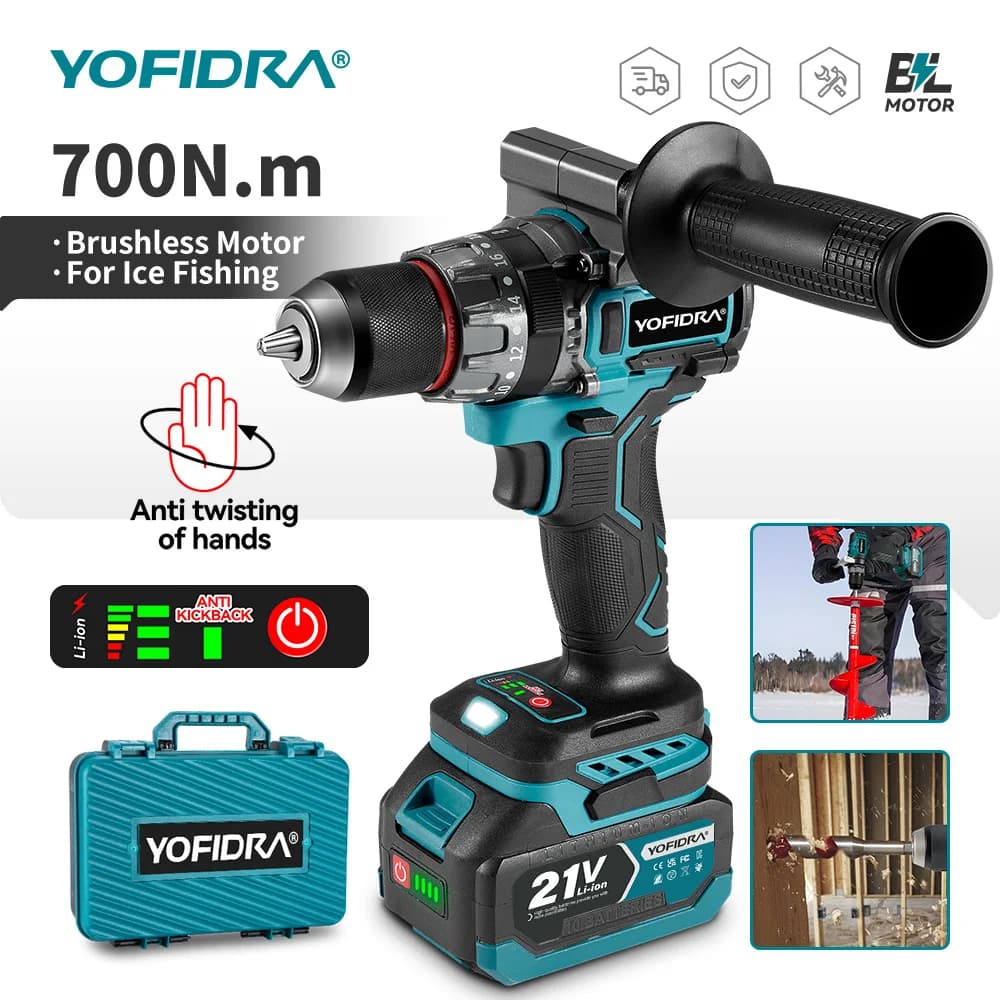 YOFIDRA 700N.M Brushless Electric Impact Drill Cordless Screwdriver Plates Soil WoodWorking Power Tool For Makita Battery Pin