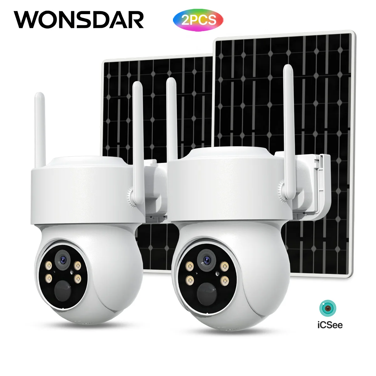 WONSDAR 2PCS Wireless Solar WiFi PTZ Camera Outdoor Built-in Battery Video Surveillance Security Camera Long Time Standby ICSee