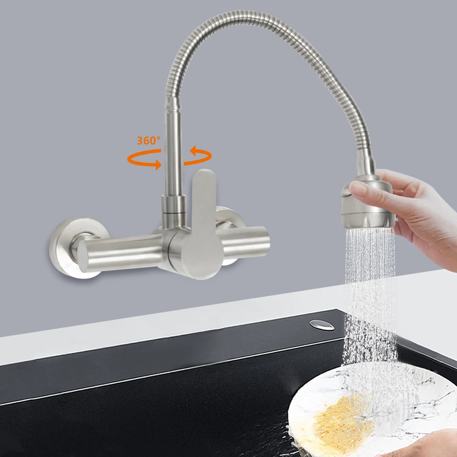 360° Rotatable Faucet with 2 Water Modes, Wall Mounted Kitchen Faucet, Hot and Cold Water Tap for Kitchen Bathroom