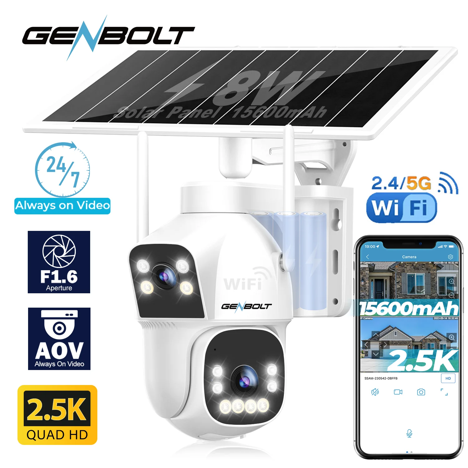 GENBOLT 2.5K AOV WiFi Solar Security Camera Outdoor Wireless, 7/24 Recording 3MP+3MP IP Surveillance Camera with 90FT AI Detection, 8W 15600mAh Battery Powered Camera CCTV 2.4&5GHz Dual Band WiFi