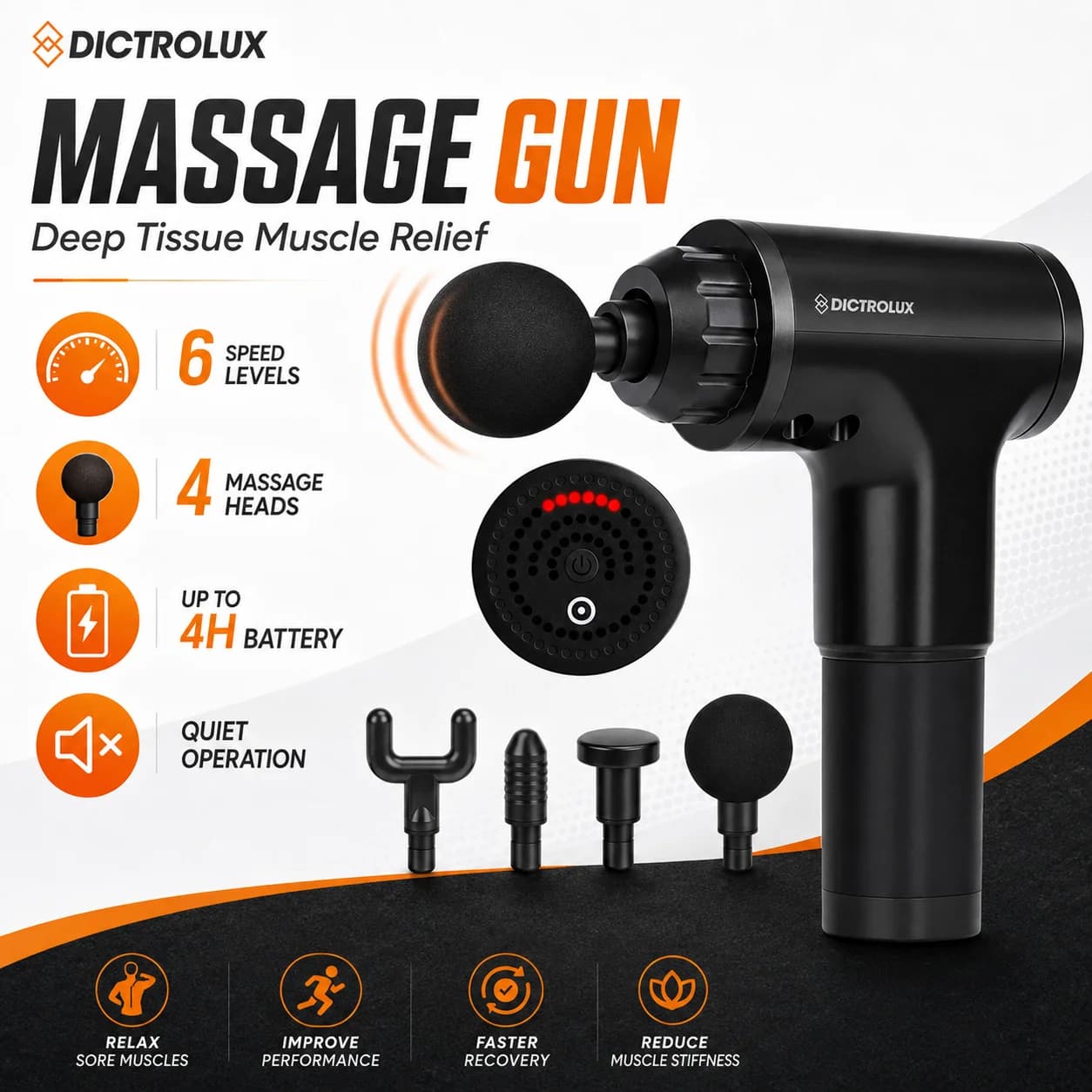 DICTROLUX 6-Speed Percussion Massage Gun 2100-3600RPM 4 Heads Up to 4H Battery 35-55dB Cordless Muscle Massager