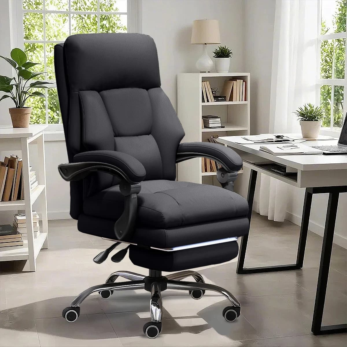 High-Back Ergonomic Office Chair, Swivel with Retractable Footrest, Multi-Position Adjustable Boss Chair