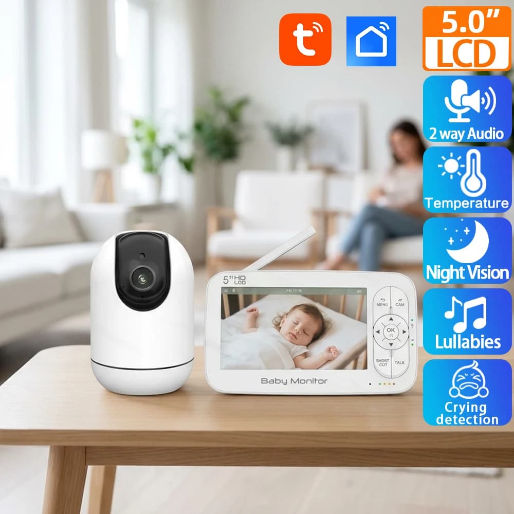 Smart Life 5 Inch WiFi Baby Monitor with Tuya APP and Monitor Dual Control Electronic Baby Sitter 4X Zoom PTZ Cam Two Way Audio Night Vision Babyphone Remote Monitoring Motion Detection Long Battery Life Security Camera for Nursery