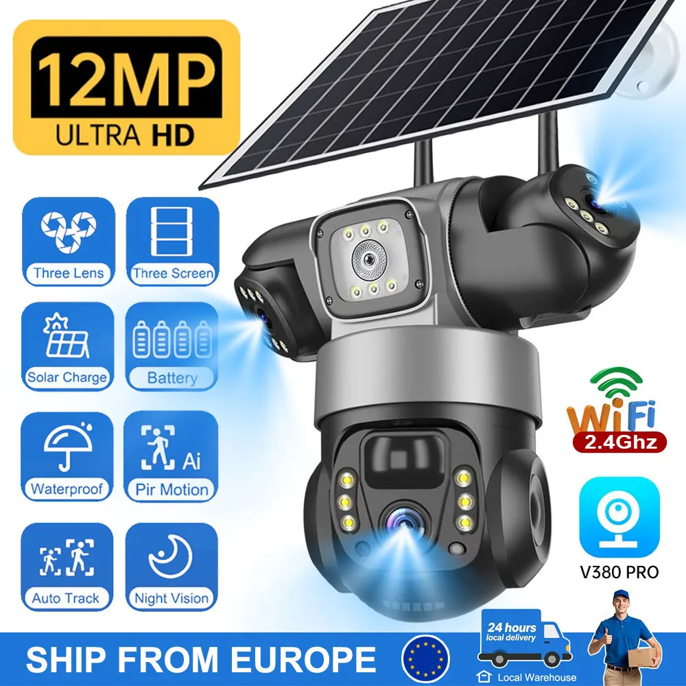 12MP Outdoor WiFi Solar IP Camera Triple Lens Video CCTV Surveillance Night Vision PIR Human Detection Wireless Cameras V380 Pro