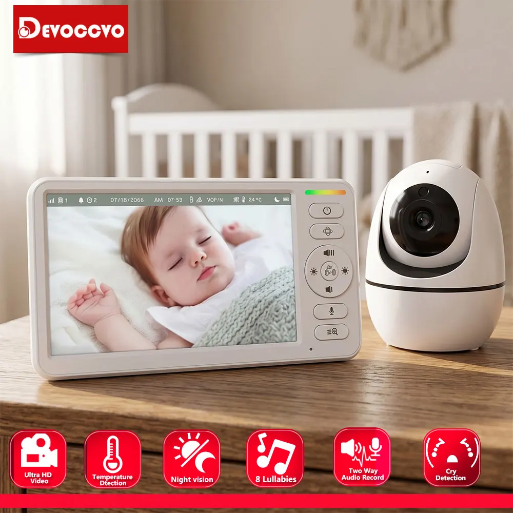 5 Inch Baby Monitor with PTZ Camera Zoom Temperature Sensor Lullaby Night Vision Two Way Audio Smart Baby Security Camera Night Light Feeding Reminder Remote Viewing Long Range VOX Night Mode