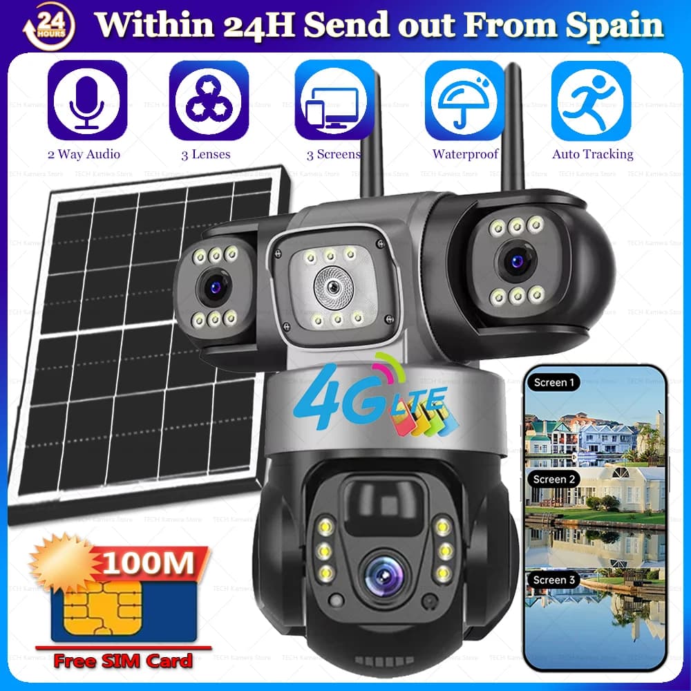 4G Solar Cameras IP Wireless Gifted SIM Carc 100M Data CCTV Camera Smart Home Security Protection 3 Lens Monitor Remote PTZ Video Surveillance Monitoring